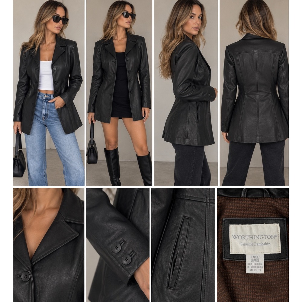 Worthington Black Genuine Lambskin Leather Blazer Jacket Large L
